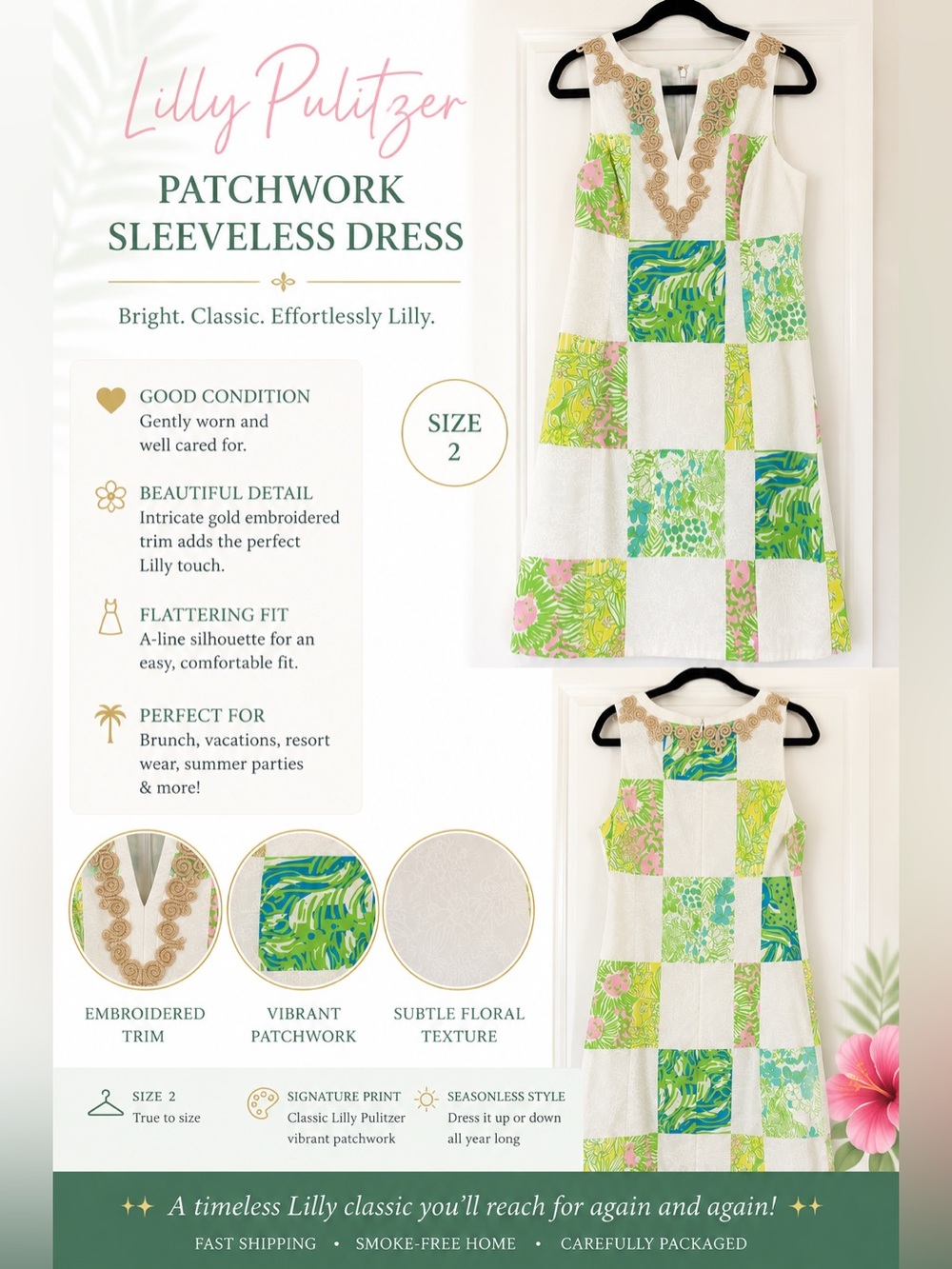 Lilly Pulitzer White Patchwork Sleeveless Dress with Green & Pink Accents